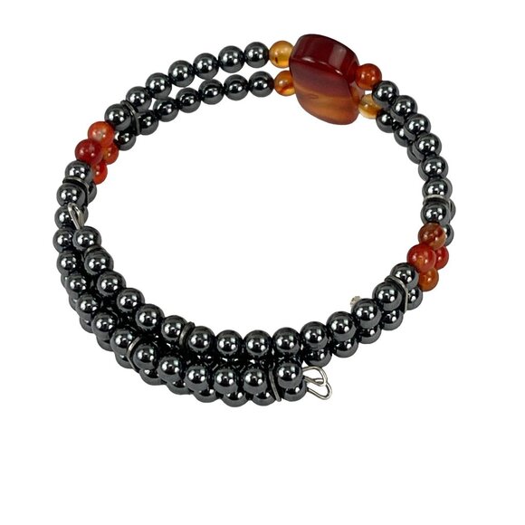 Hematite & Carnelian Beaded Stretch Bracelet With Central Gemstone Accent - Picture 8 of 8
